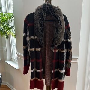 Plaid Cardigan with Faux Fur Collar